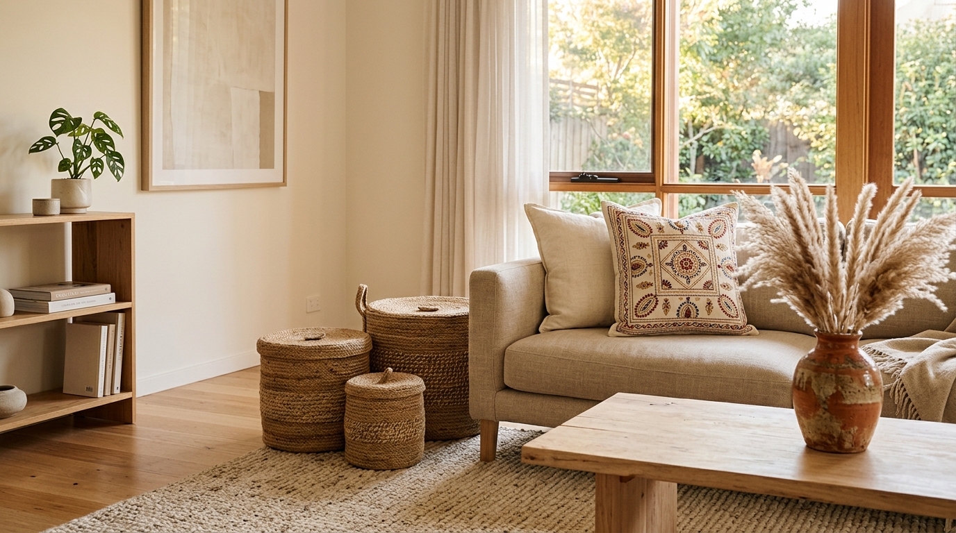 Australian living room with handcrafted Bangladesh decor